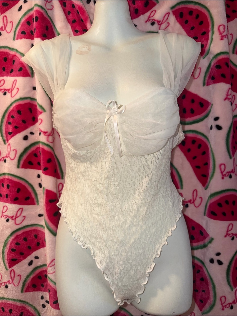 🤍 Vintage Adorable Sheer Lace Milkmaid Corset-Style Bodysuit with Cap Sleeves